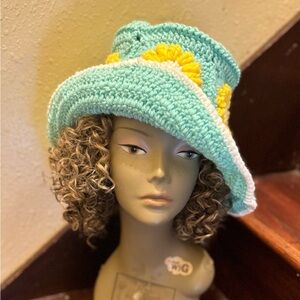 Crochet Sunflower Bucket Hat - Teal and Yellow